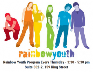 The logo for PARN's Rainbow Youth Program: young people in rainbow colours. Text: Rainbow Youth Program Every Thursday - 3:30 - 5:30 pm Suite 302-2, 159 King Street
